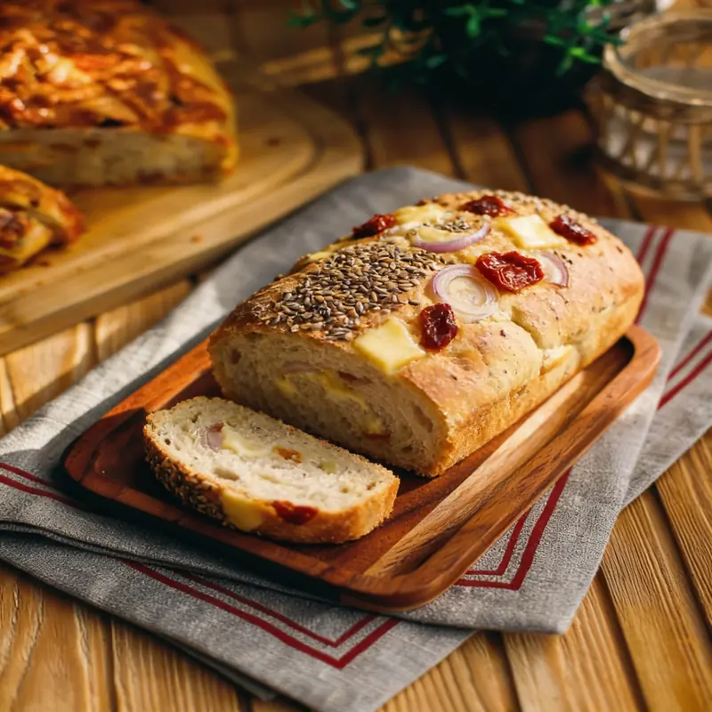 Хлеб на картофельной закваске с льном, сыром, луком и вялеными томатами — курс «Домашний хлеб»