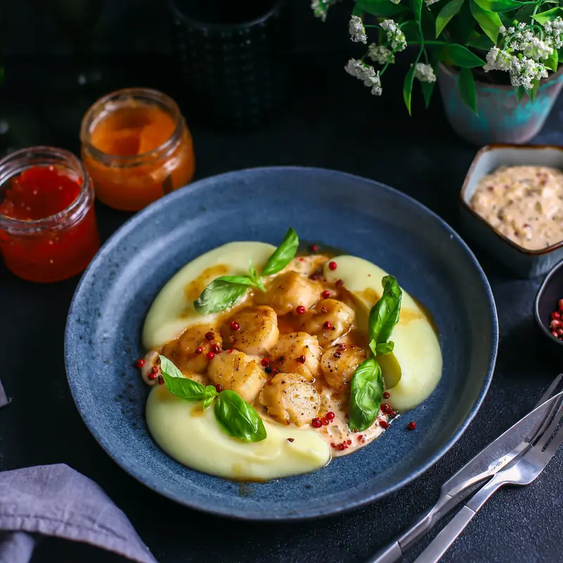 Морской гребешок с цветной капустой и соусом из трёх видов икры — курс «Рыба и морепродукты»